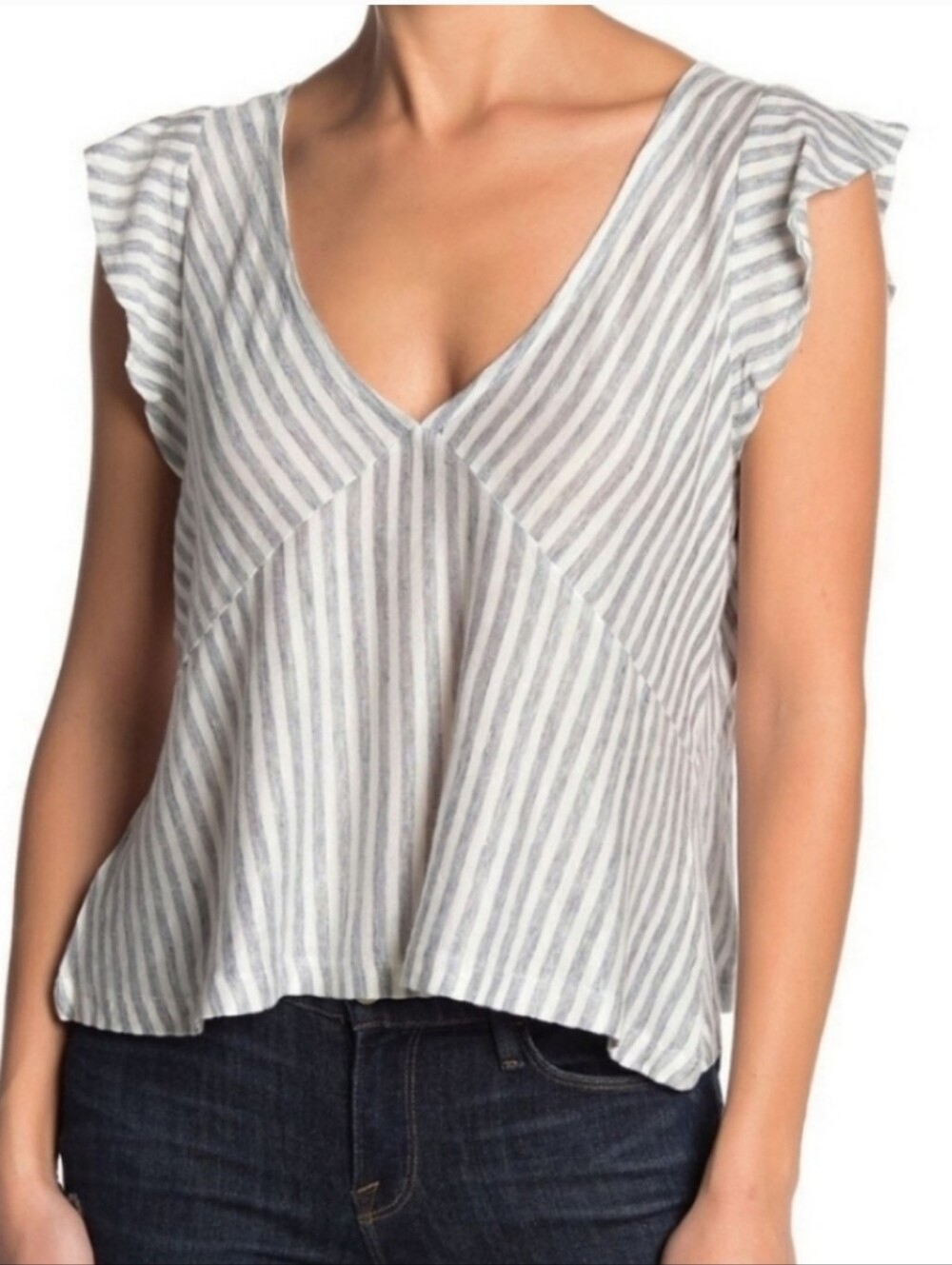 cupcakes and cashmere Striped V-Neck Tassel Tie Women’s Top — Gray & White